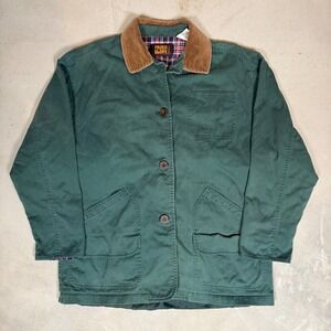 Faded Glory Womens Green Canvas Barn Jacket Corduroy Collar Plaid Lined Small